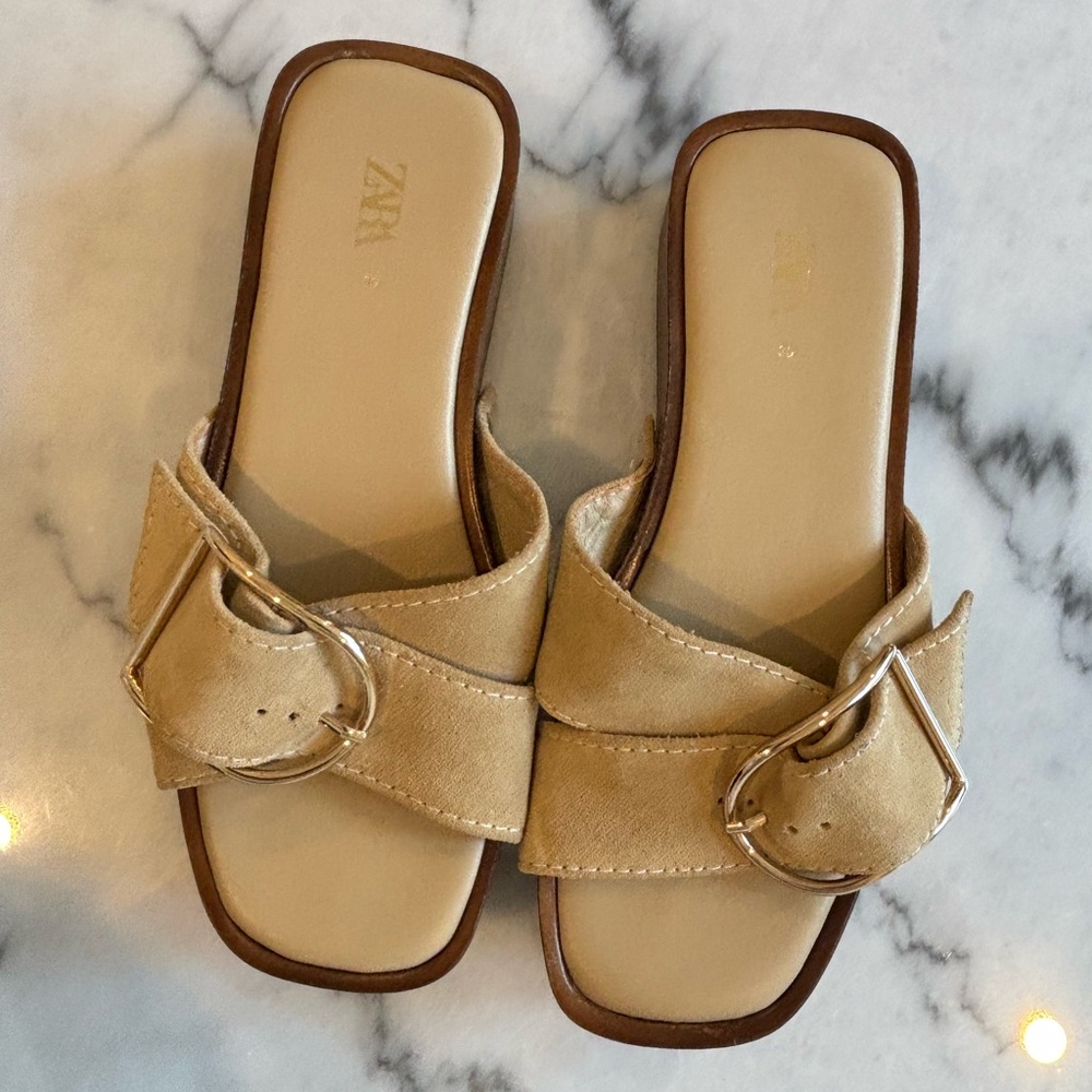 Zara Beige Suede Mini Wedge Sandals with Gold Buckle | Size 35